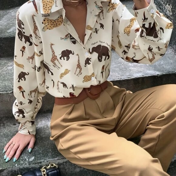 Animal Print Button Front Shirt - Picture 2 of 10